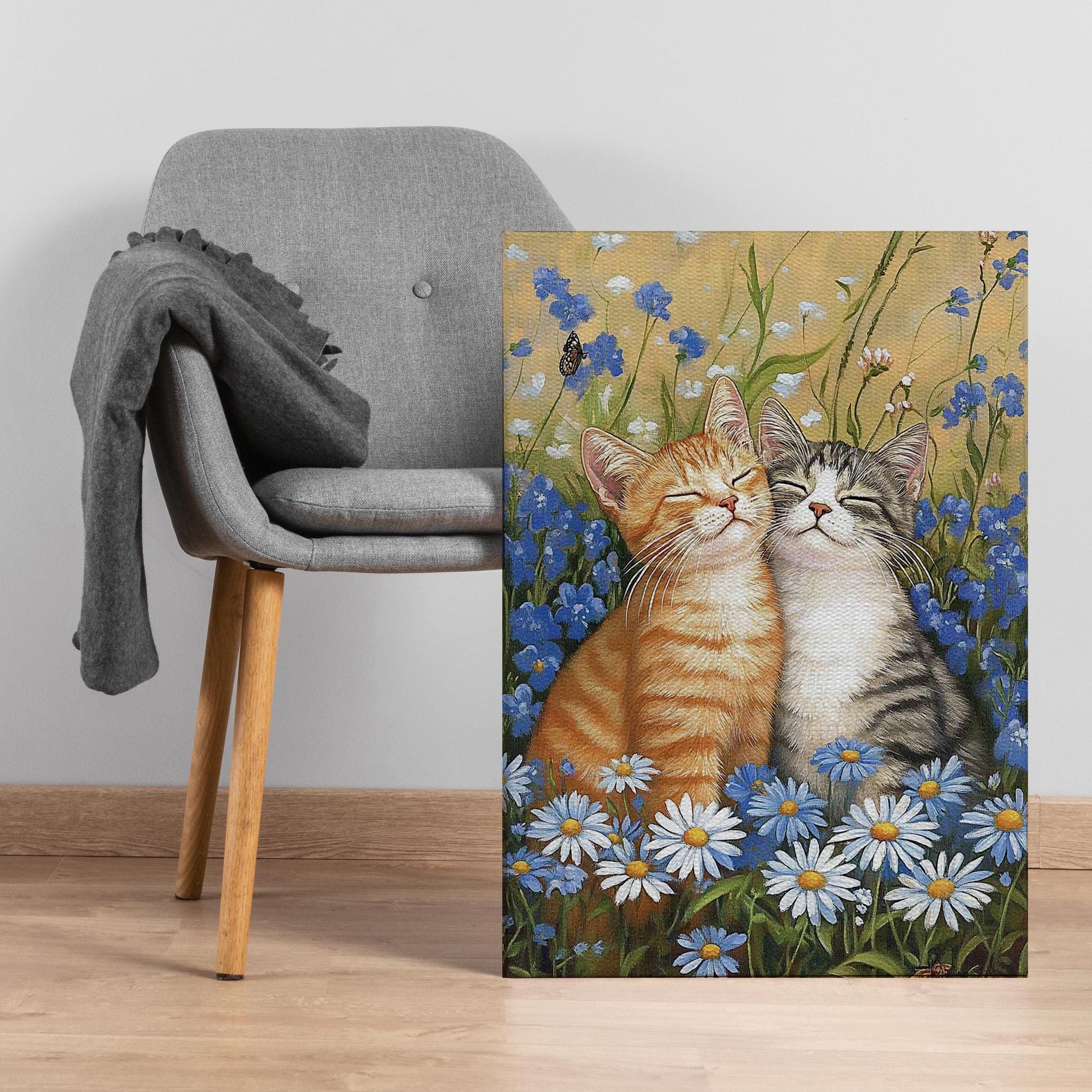 Romantic Cat Couple Canvas Print, Whimsical Floral Meadow Art, Cute Tabby Kittens in Daisies Wall Decor for Animal Lovers and Cozy Homes