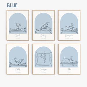 Puede incluir: Un conjunto de seis l&aacute;minas decorativas con fondos en arco azul y dibujos de l&iacute;neas azul oscuro de personas realizando ejercicios de Pilates en m&aacute;quinas. Cada l&aacute;mina incluye el texto Breath, Centering, Concentration, Control, Precision y Flow.