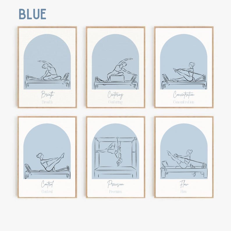 Puede incluir: Un conjunto de seis l&aacute;minas decorativas con fondos en arco azul y dibujos de l&iacute;neas azul oscuro de personas realizando ejercicios de Pilates en m&aacute;quinas. Cada l&aacute;mina incluye el texto Breath, Centering, Concentration, Control, Precision y Flow.