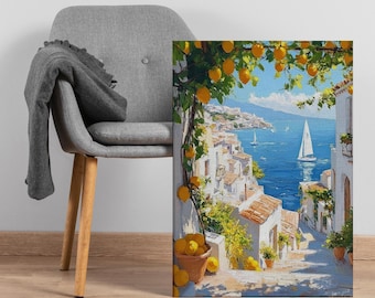 Toile d'art murale Lemon Street méditerranéenne, vue sur un village côtier avec mer et voiliers, décoration estivale vibrante pour cuisine ou salon