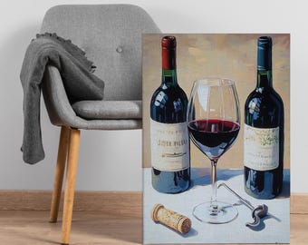 Wine Bottles and Glass Canvas Wall Art, Elegant Still Life Print with Red Wine, Corkscrew and Cork, Sophisticated Kitchen or Bar Decor Gift