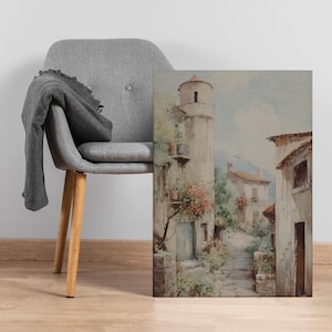 European Village Street Canvas Wall Art, Vintage Rustic Architecture Print with Flowers, Framed Gift for French Country Cottage Decor
