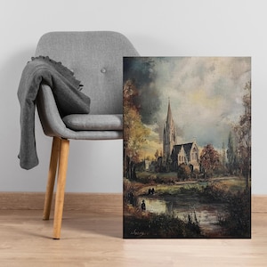 Gothic Church Landscape Wall Art, Vintage Cathedral Canvas Print with Autumn Trees and River, Historic Religious Decor for Home or Office
