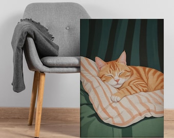 Sleeping Cat Canvas Wall Art, Orange Tabby on Pillow Illustration, Cozy Feline Painting, Framed Gift for Cat Lovers or Relaxing Home Decor