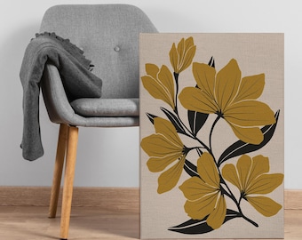 Lienzo floral amarillo mostaza para pared, impresión minimalista de ramas botánicas, decoración moderna y terrosa para el hogar, ideal para la sala de estar o el dormitorio.