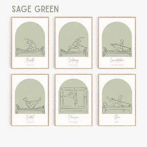 Puede incluir: Un conjunto de seis l&aacute;minas decorativas en color verde salvia, cada una con un dibujo lineal de una persona realizando ejercicios de Pilates en m&aacute;quinas. Las l&aacute;minas incluyen los textos Breath, Centering, Concentration, Control, Precision y Flow.