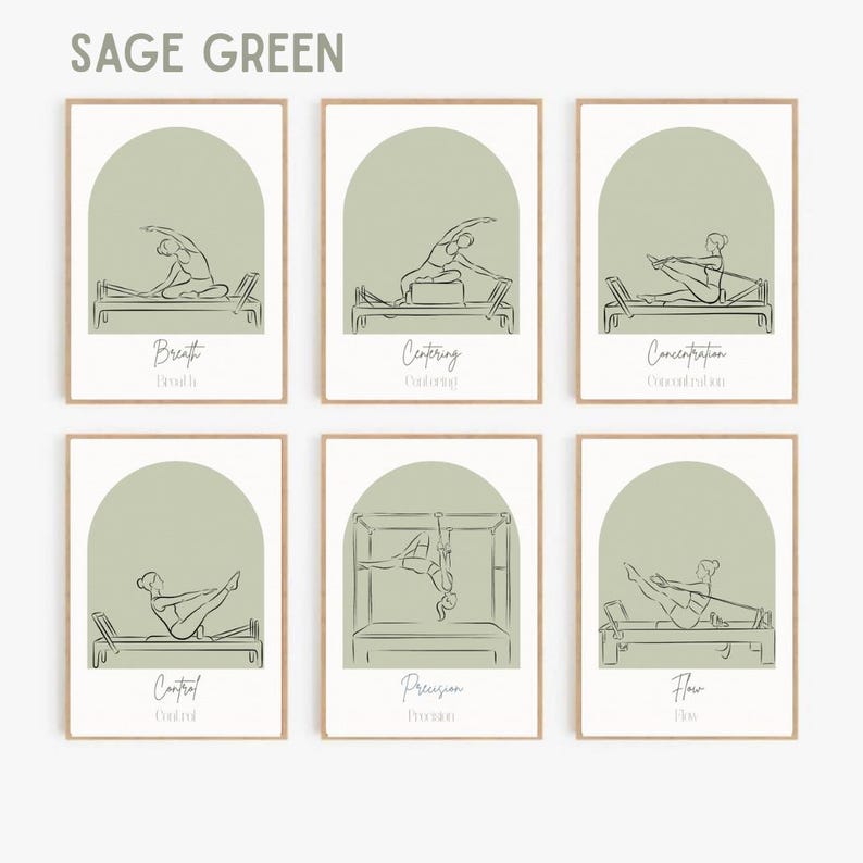 Puede incluir: Un conjunto de seis l&aacute;minas decorativas en color verde salvia, cada una con un dibujo lineal de una persona realizando ejercicios de Pilates en m&aacute;quinas. Las l&aacute;minas incluyen los textos Breath, Centering, Concentration, Control, Precision y Flow.