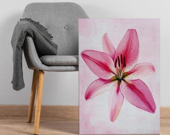 Pink Lily Flower Canvas Print, Realistic Botanical Wall Art with Soft Pastel Background, Elegant Floral Decors for Feminine Spaces