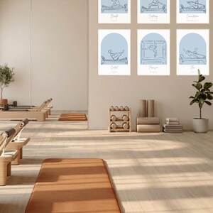 Puede incluir: Un conjunto de seis l&aacute;minas rectangulares para pared con fondos de arco azul e ilustraciones de l&iacute;neas azul oscuro de personas realizando ejercicios de Pilates en aparatos, cada una etiquetada con palabras como Breath, Centering y Concentration.