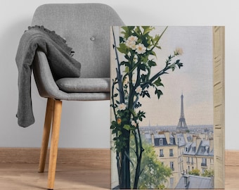 Paris Window View Canvas Wall Art, Romantic Floral Balcony Scene with Eiffel Tower, Framed French Cityscape Gift for Elegant Home Decor