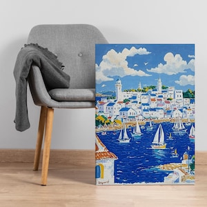 Mediterranean Coast Sailboat Canvas Art, Blue Harbor Village Seaside Painting, Nautical Wall Decor for Coastal Living Room or Beach House