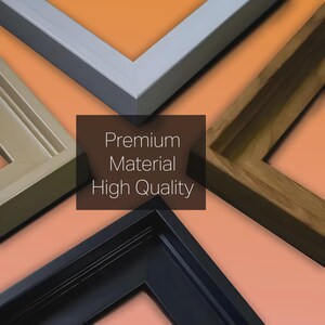 Puede incluir: Cuatro marcos de fotos rectangulares dispuestos en forma de cruz sobre un fondo naranja. Los marcos tienen acabados en gris claro, veta de madera natural, negro mate y tono beige. El texto central dice Premium Material High Quality.