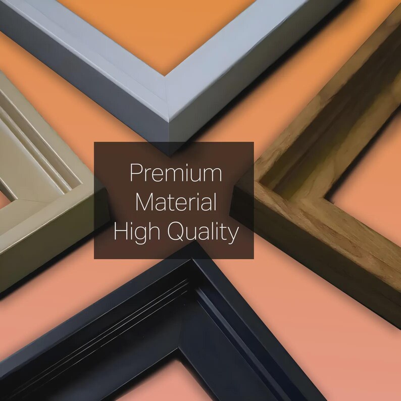 Puede incluir: Cuatro marcos de fotos rectangulares dispuestos en forma de cruz sobre un fondo naranja. Los marcos tienen acabados en gris claro, veta de madera natural, negro mate y tono beige. El texto central dice Premium Material High Quality.