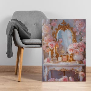 Baroque Vanity Canvas Wall Art, Romantic French Rococo Floral Mirror Print, Feminine Perfume Table Decor for Bedroom or Dressing Room