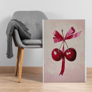 Cherry Ribbon Canvas Wall Art, Playful Red Fruit Painting with Bow Detail, Flirty Kitchen or Girl Room Decor, Framed Gift for Sweet Spaces