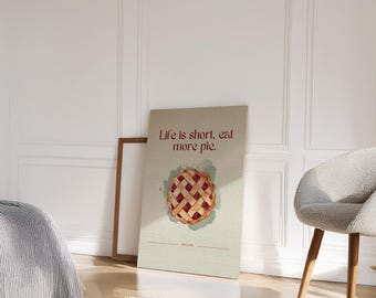 Arte de pared para cocina con frase "Pastel de manzana", impresión retro "La vida es corta, come más pastel", acogedor regalo de decoración para hornear para amantes de la comida y espacios de cocina hogareños.
