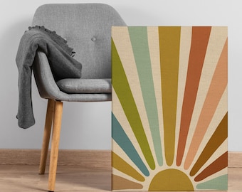 Lienzo abstracto moderno con diseño de rayos de sol, estampado geométrico retro colorido, decoración vibrante en tonos tierra para sala de estar u oficina.