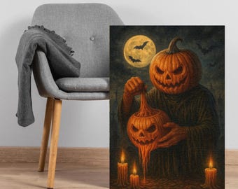 ハロウィンのカボチャ頭のキャンバスアート：風船を持った不気味な