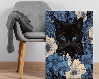 Black Cat Canvas Wall Art, Blue-Eyed Feline in Floral Garden, Whimsical Animal Portrait, Framed Gift for Cat Lovers or Mystical Home Decor