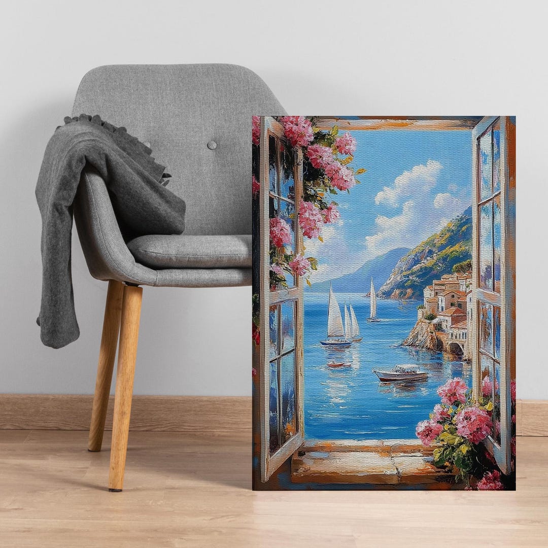 Mediterranean Window View Canvas Wall Art, Coastal Seaside Landscape ...