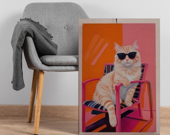 Cool canvastavla med katt, väggkonst i retro loungestil med solglasögon och katt på stol, rolig popkonstdekor för moderna, funkiga eller eklektiska utrymmen