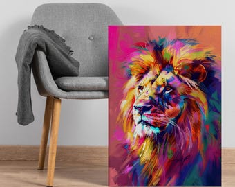 Colorful Lion Canvas Wall Art, Bold Pop Art Style Animal Portrait with Rainbow Brushstrokes, Majestic King Decor for Power and Confidence