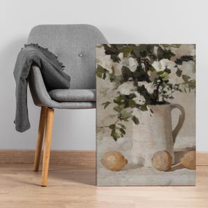 Vintage Lemon Still Life Canvas Wall Art, Soft Floral Jug Painting Print, Neutral French Country Kitchen Decor, Framed Gift for Cozy Homes