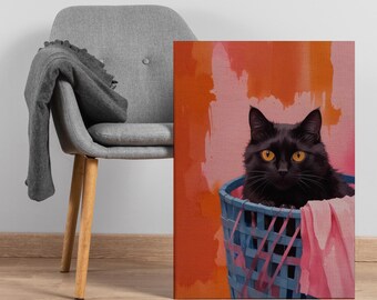 Black Cat in Laundry Basket Wall Art, Whimsical Cat Canvas Print, Funny Feline Decor for Pet Lovers and Cozy Colorful Interiors, Cat Art