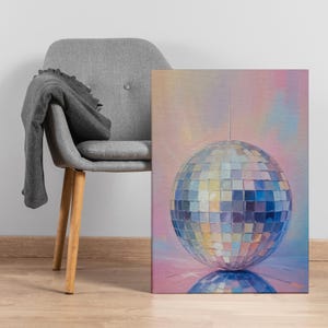 Disco Ball Canvas Wall Art, Shiny Mirror Globe on Pastel Background, Retro Party Vibe Print for Glam Rooms, Dance Lovers or Funky Decor Fans