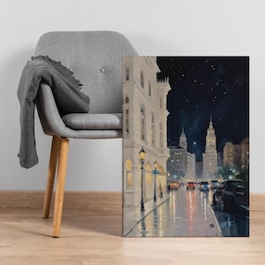 Night City Street Canvas Wall Art, Rainy Reflections with Historic Architecture and Stars, Framed Urban Lights Print Gift for Modern Decor