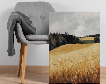 Goldenes Weizenfeld Leinwand Wandkunst, ländliche Landschaft für rustikale Bauernhaus Dekoration, friedliche Ernte Malerei für von der Natur inspirierte Räume