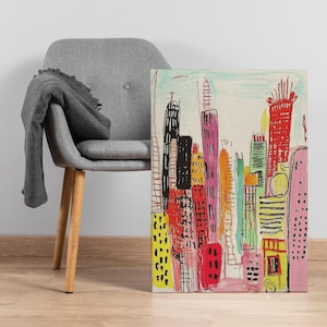 Colorful Abstract City Canvas Wall Art, Vibrant Crayon-Style Skyscraper Skyline Print, Urban Pop Art Decor for Bold, Creative Modern Spaces