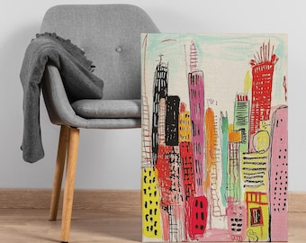 Colorful Abstract City Canvas Wall Art, Vibrant Crayon-Style Skyscraper Skyline Print, Urban Pop Art Decor for Bold, Creative Modern Spaces