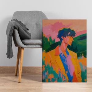 Colorful Man Portrait Wall Art, Emotional Abstract Canvas Print of Man in Yellow Coat, Bold Figurative Painting for Modern Room Decor