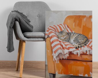 May include: A painting of a tabby cat sleeping on a red and white striped blanket in an orange armchair. A grey chair with a grey blanket is to the left. The artwork is a painting.