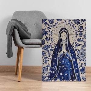 Our Lady of Guadalupe Art Print, vintage katholiek canvas in blauw en beige, wanddecoratie spirituele Maagd Maria voor heilige of gebedsruimtes