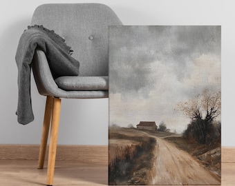 Rustic Country Road Canvas Art: Moody Farmhouse Landscape Painting
