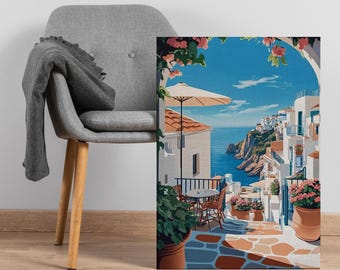 Amalfi Coast Balcony Canvas Print, Mediterranean Sea View Wall Art, Coastal Italy Terrace Decor for Travel Lovers or Sunny Home Spaces