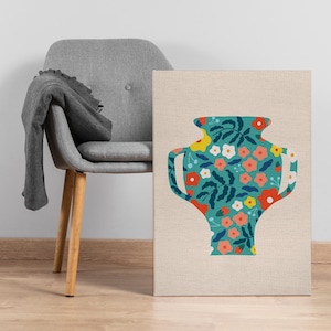 Lienzo decorativo de jarrón floral, ilustración moderna de maceta colorida con patrón botánico, impresión enmarcada, regalo para una decoración artística y divertida del hogar.