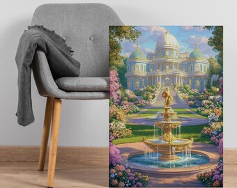 May include: A canvas print depicting a grand palace with blue and white domes, surrounded by lush gardens and a golden fountain. The artwork features a classical architectural style and vibrant colors.
