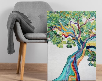 Lienzo decorativo de árbol colorido, impresión abstracta de naturaleza con ramas y hojas vibrantes, decoración botánica caprichosa para interiores modernos y bohemios.