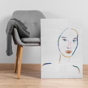 Minimalistische Gesichtslinie Kunst-Leinwand, elegantes abstraktes Frauenporträt in den sanften Regenbogentönen, zeitgenössisches Wanddekor für moderne Kunsträume