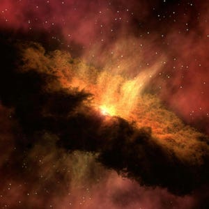 May include: An abstract digital art piece depicting a nebula in space. The image features a dark, cloud-like formation with vibrant orange and yellow hues at its center, surrounded by a reddish-brown background with scattered white stars.