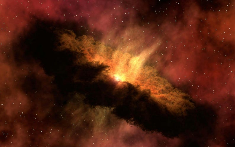May include: An abstract digital art piece depicting a nebula in space. The image features a dark, cloud-like formation with vibrant orange and yellow hues at its center, surrounded by a reddish-brown background with scattered white stars.