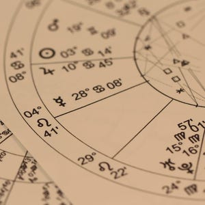 Peut inclure: Gros plan sur un th&egrave;me astral vintage, avec des lignes et symboles noirs sur fond cr&egrave;me. Le graphique pr&eacute;sente des symboles du zodiaque, des chiffres et des degr&eacute;s, avec un design circulaire et des lignes qui se croisent. L'image a une tonalit&eacute; s&eacute;pia chaude.