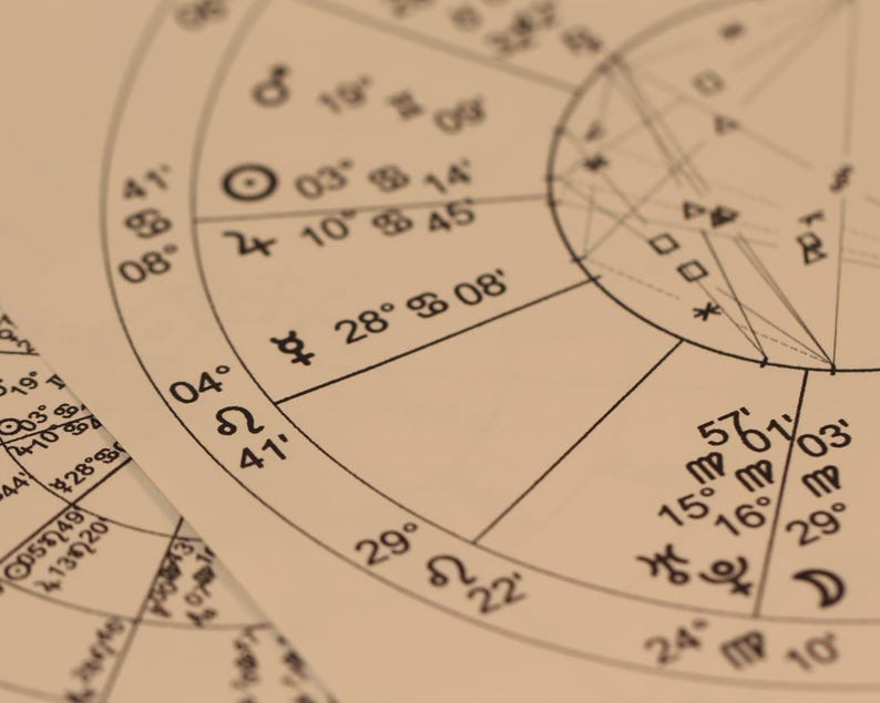 Peut inclure: Gros plan sur un th&egrave;me astral vintage, avec des lignes et symboles noirs sur fond cr&egrave;me. Le graphique pr&eacute;sente des symboles du zodiaque, des chiffres et des degr&eacute;s, avec un design circulaire et des lignes qui se croisent. L'image a une tonalit&eacute; s&eacute;pia chaude.