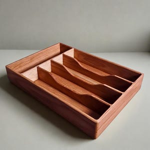 May include: A rectangular wooden drawer organizer featuring a warm reddish-brown wood grain finish. The interior is divided into four distinct compartments by three internal dividers, each with a curved, scalloped top edge for easy access.