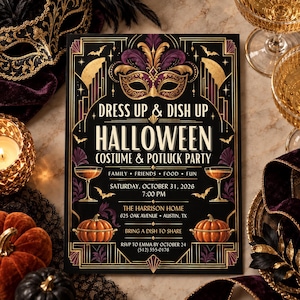 Peut inclure: Une invitation rectangulaire noire pour une fête d'Halloween avec des bordures art déco dorées et violettes. Elle présente un masque de bal masqué, deux coupes de champagne et deux citrouilles. Le texte indique : DRESS UP & DISH UP HALLOWEEN COSTUME & POTLUCK PARTY, SATURDAY, OCTOBER 31, 2026, 7:00 PM, THE HARRISON HOME, 625 OAK AVENUE, AUSTIN, TX, BRING A DISH TO SHARE, RSVP TO EMMA BY OCTOBER 24 (512) 555-0176.