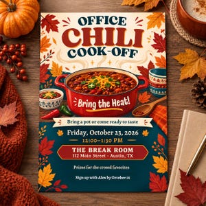 May include: A rectangular flyer for an Office Chili Cook-Off event on Friday, October 23, 2026, at 12:00-1:30 PM in The Break Room, 112 Main Street, Austin, TX. The design features a red pot of chili, autumn leaves, and the text Bring the Heat.