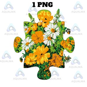 Peut inclure: Un design de pièce de puzzle avec un arrangement floral vibrant. Les fleurs comprennent des marguerites blanches et des fleurs jaune et orange vif, sur un fond vert. Le texte "1 PNG" est en haut.